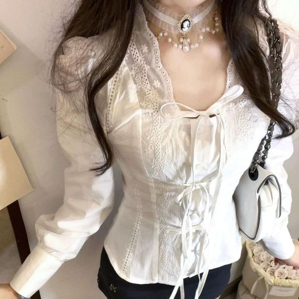 Unique Design Autumn New Shirt With Lace Trim, Stylish Waist-cinching Top That Accentuates The Figure, Suitable For_ecoleips.com