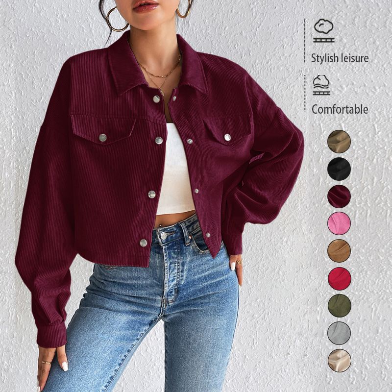 Women's Slim Fit Short Zipper Cardigan Corduroy Jacket Polo Collar Autumn Winter Europe America Style Lightweight Coats_ecoleips.com