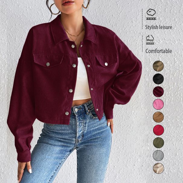 Women's Slim Fit Short Zipper Cardigan Corduroy Jacket Polo Collar Autumn Winter Europe America Style Lightweight Coats_ecoleips.com