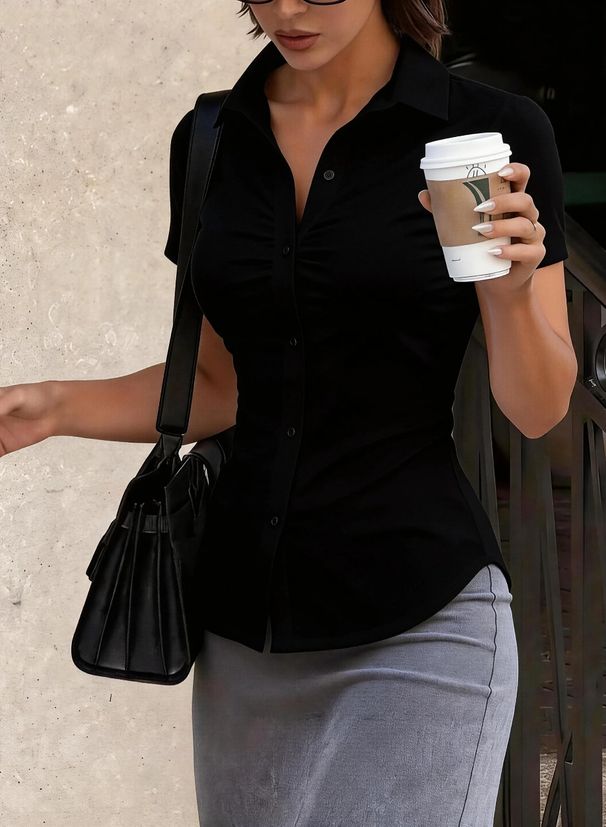 Professional Slim-Fit V-Neck Short Sleeve Blouse For Women – Office Commute & Casual Wear (Black, Burgundy, Blue, White)_ecoleips.com