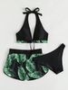 Aria Basics Popular Swimwear, New European And American Style Leaf Print, Two-piece Swimsuit With Shorts, Three-piece Bikini Set_ecoleips.com