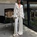 Women's Clothing V Neck Ruffled Long Sleeved Shirt High Waist Wide Leg Pants Two Piece Suit_ecoleips.com