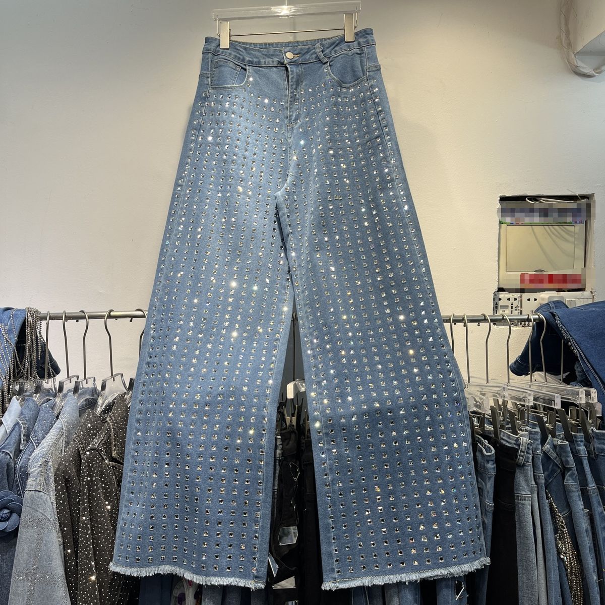 Women's Clothing Same Style Full Of Diamonds Galaxy Denim Wide Leg Straight Leg Slimming And Fashionable Raw Edge Trousers_ecoleips.com