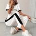 Queen Style Printed Short-Sleeve Top & Wide-Leg Pants Set (Black/White, S-XL) – Casual Comfort Outfit For Women_ecoleips.com