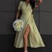 Women's V-Neck Floral Wrap Dress – Summer Boho Midi Dress With Side Slit & Waist Tie (Yellow) Versatile Length_ecoleips.com