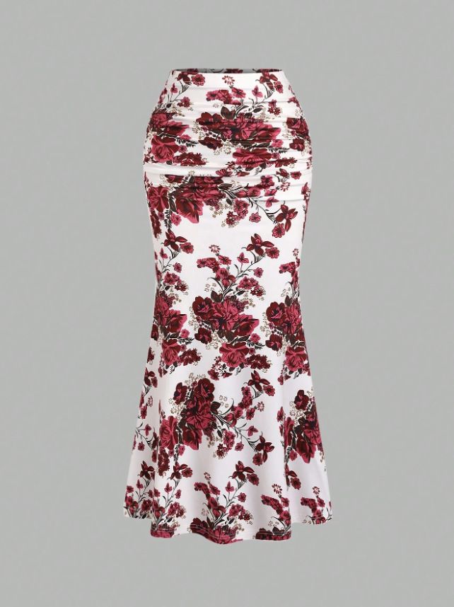 Verve 2025 Spring New Women's Fishtail Street Style Slim Fit Printed Design Pleated Midi Skirt For Women_ecoleips.com