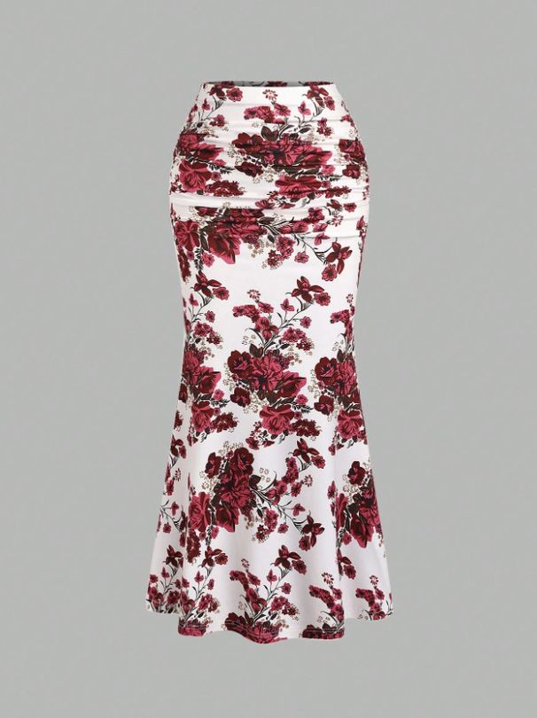 Verve 2025 Spring New Women's Fishtail Street Style Slim Fit Printed Design Pleated Midi Skirt For Women_ecoleips.com