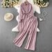 Korean Style Vintage Inspired Women's Clothing Set with Lantern Sleeves High Waisted Slimming Wide Leg Pants Rhinestone Embellishments Single Breasted Shirt_ecoleips.com