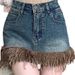 Women's Denim Mini Skirt With Raw Hem & Fringe, High Waisted Stretchy Figure-Flattering A-Line Skirt For Daily Wear_ecoleips.com