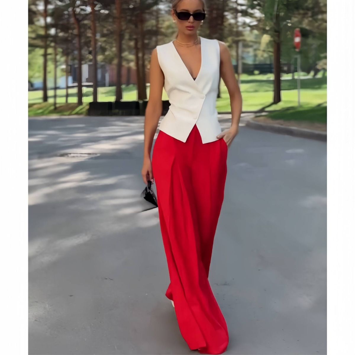Women's Clothing New Fashion Personality Deep V Sleeveless Top High Waist Wide Leg Pants Two Piece Set_ecoleips.com