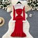 French Ruffle Hem Knit Dress With Contrast Peter Pan Collar – Elegant Long Sleeve Bodycon Dress_ecoleips.com