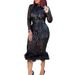 Elegant Long Sleeve High Neck Midi Dress With Gold Foil Print & Bodycon Fit For Women - Office & Casual Wear_ecoleips.com