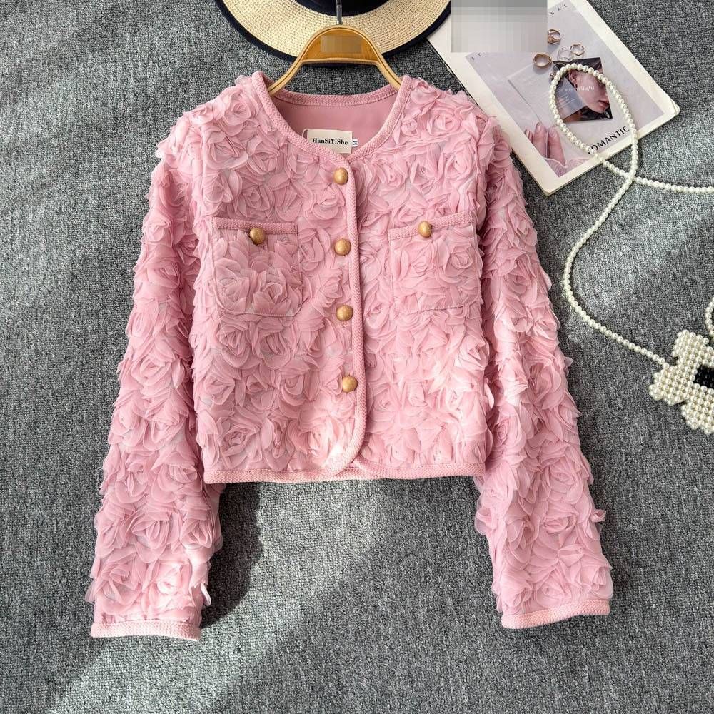 Women's Short Tweed Jacket 3D Floral Embroidery Elegant Blazer for Office Evening Beige Black Pink M L_ecoleips.com