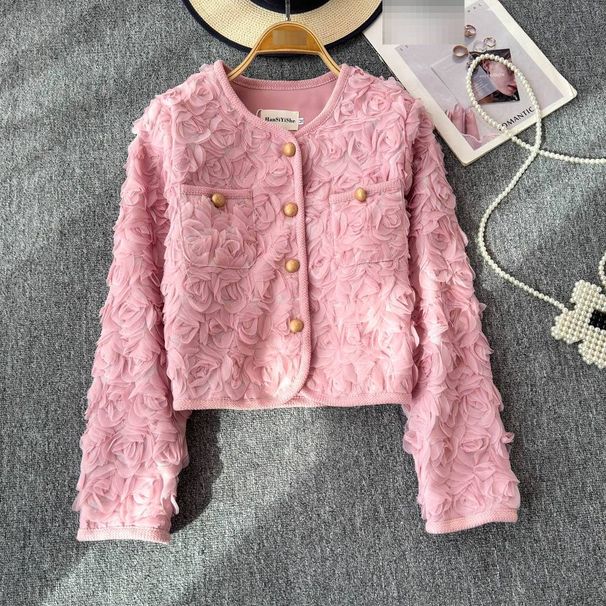 Women's Short Tweed Jacket 3D Floral Embroidery Elegant Blazer for Office Evening Beige Black Pink M L_ecoleips.com