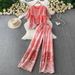 Women's Two Piece Set Round Neck Top With Gradient Pink Embroidered Pearl Buttons Loose Wide Leg Pants Gentle Feminine_ecoleips.com