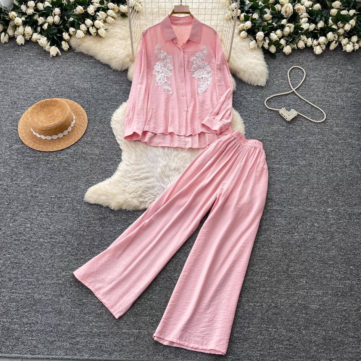 Women's Pink Embroidered Sequined Shirt And Wide Leg Pants Set Lazy Style Slimming Two Piece Autumn Commuting Fashion_ecoleips.com