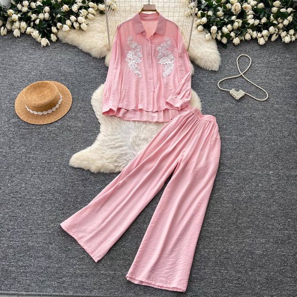 Women's Pink Embroidered Sequined Shirt And Wide Leg Pants Set Lazy Style Slimming Two Piece Autumn Commuting Fashion_ecoleips.com