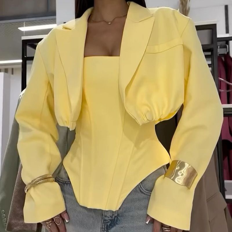 Women's Fashion Short Blazer Jacket And Irregular Vest Two Piece Set European American Style for Autumn_ecoleips.com