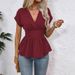 Women's Solid Color Raglan Sleeve V Neck Slim Waist Pleated T Top Spring Hot Selling_ecoleips.com