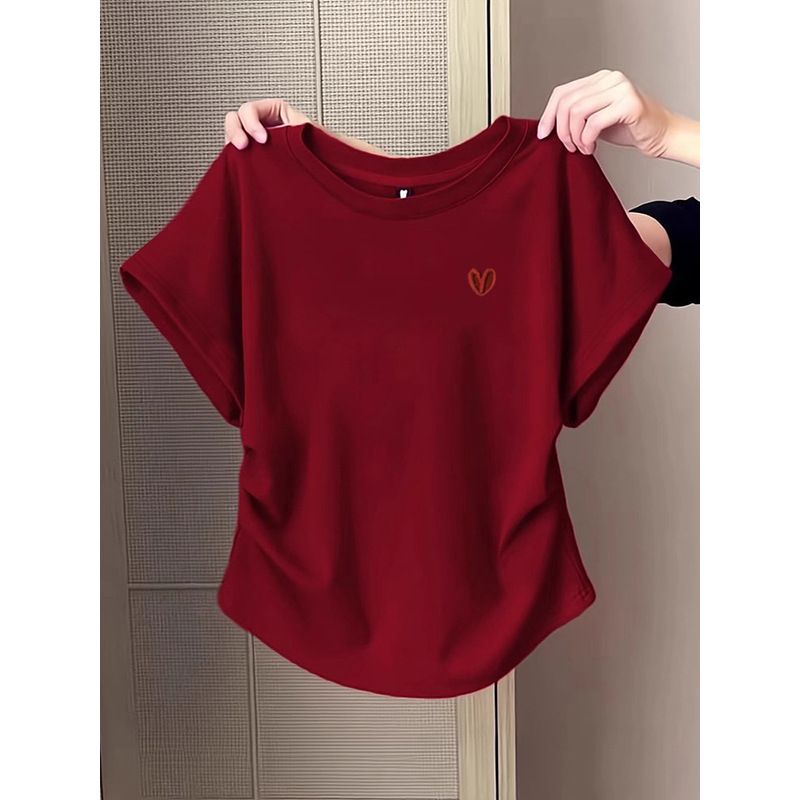 Summer Round-Neck Double-Sided Pleated T-Shirt For Women's Wear, Korean-Style Red Heart-Shaped Embroidered Whitening Pur_ecoleips.com