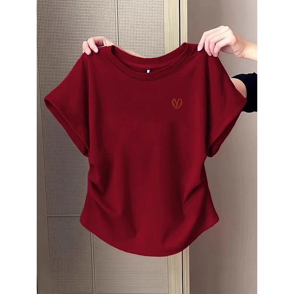 Summer Round-Neck Double-Sided Pleated T-Shirt For Women's Wear, Korean-Style Red Heart-Shaped Embroidered Whitening Pur_ecoleips.com
