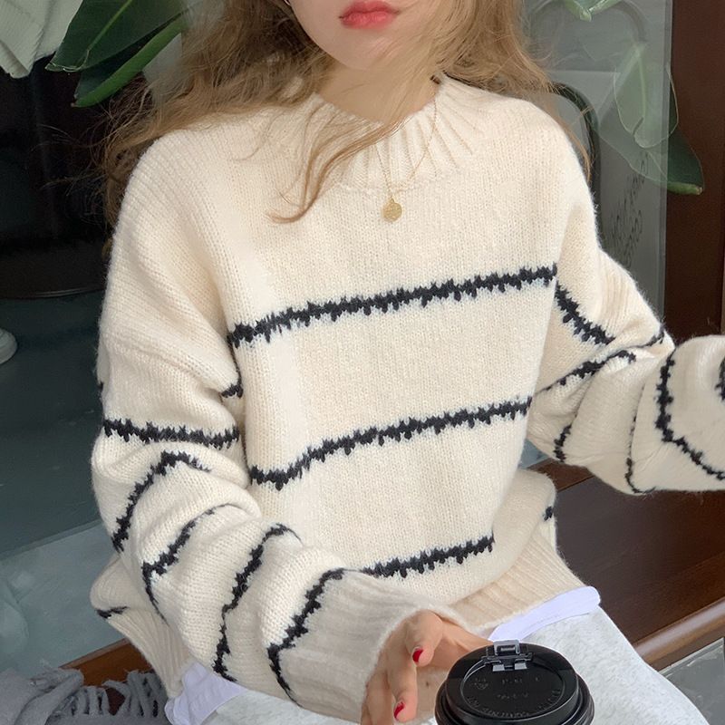 Japanese Retro Striped Knit Sweater Women's Loose Fit Long Sleeve Turtleneck Pullover - Soft Comfortable Chunky Knit Casual Top_ecoleips.com