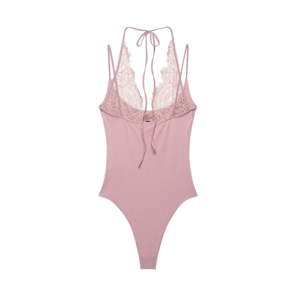 Women's Clothing Patchwork Lace Halter Neck Bodysuit Casual American Style Fashionable Polyester Clothing_ecoleips.com