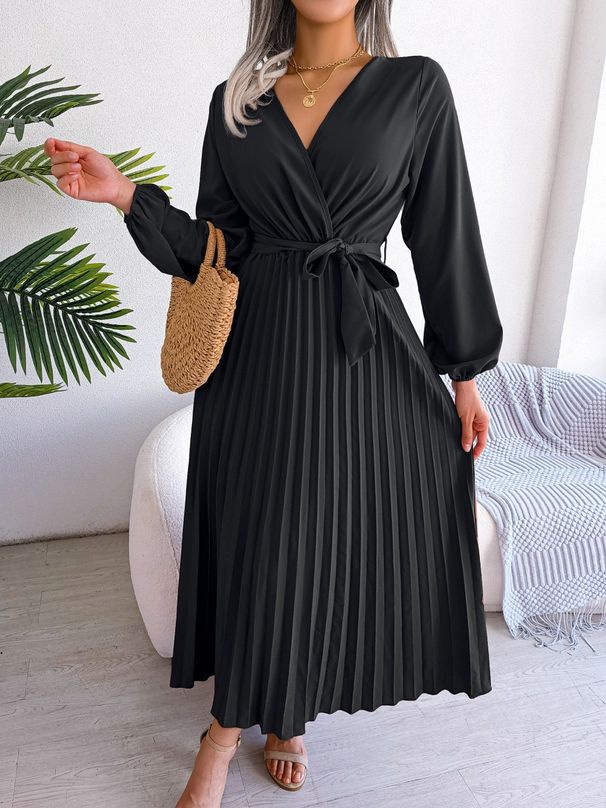 2026 Women Cross V Neck Pleated Long Dress, Elegant Swing Casual Maxi Dress_ecoleips.com