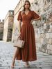 Women's Solid Color Deep V Neck Smocked High Waist Maxi Dress With Side Slit – Casual Flowy Summer Gown_ecoleips.com