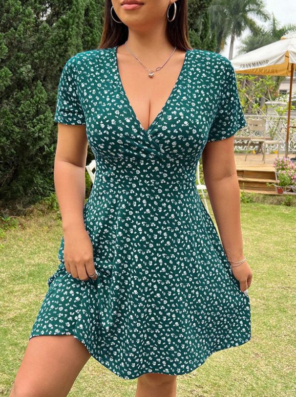 New Women's Floral Print Dress European American Style Cross Border E Commerce Slimming Waist Cinch V Neck Short Sleeve Tie_ecoleips.com