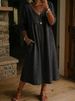 Women's Clothing Women's Linen Patchwork V Neck Dress Loose Three Quarter Sleeve A Line Midi Casual Style Commuter Spring_ecoleips.com