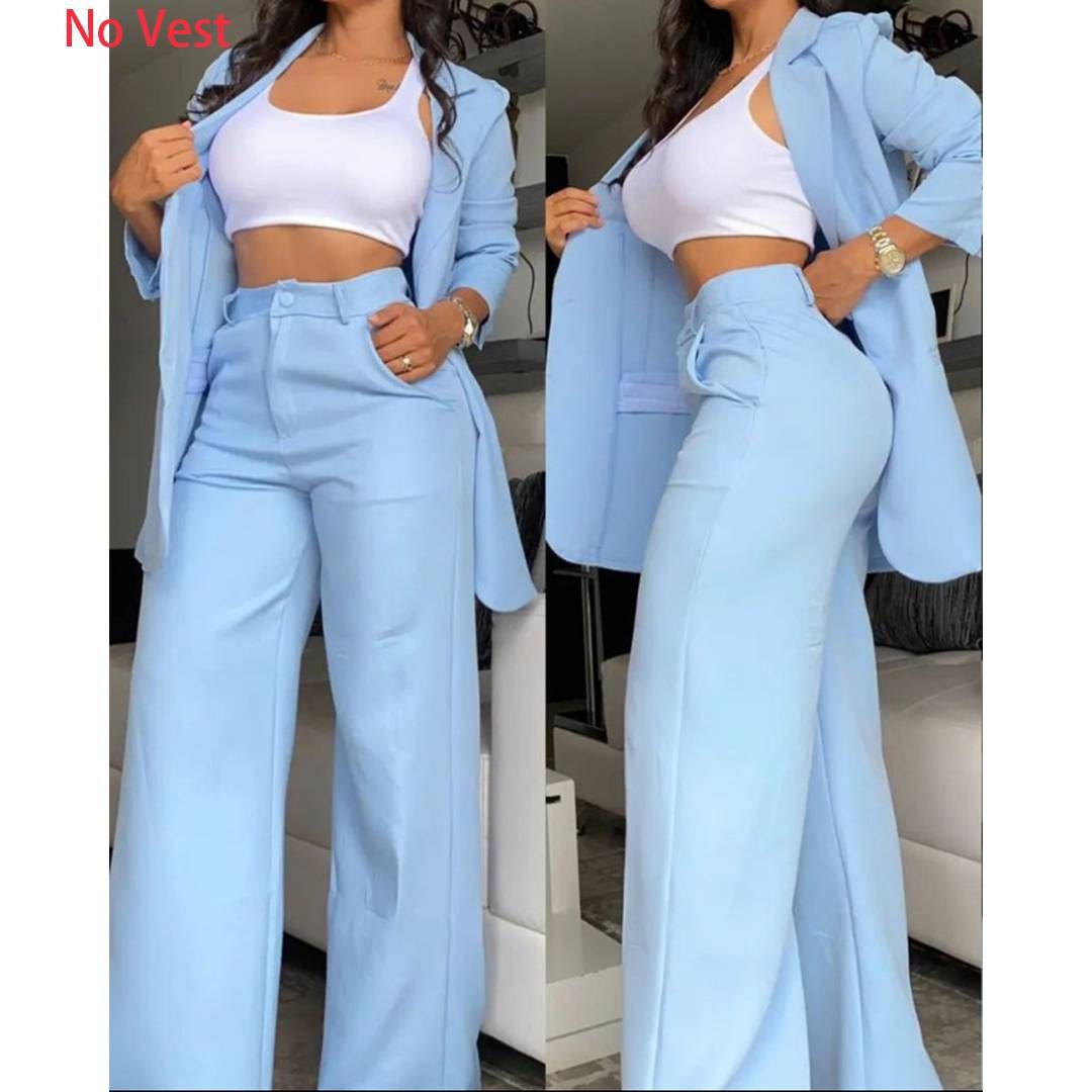 Women's Elegant Solid Color Slit Lapel Suit with Pockets Straight Leg Pants Two Piece Suit (No Vest)_ecoleips.com