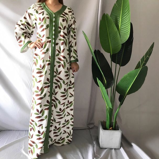 Women's Clothing Green Long Sleeved V Neck Print Dress Lace Trimmed Resort Style Middle Eastern Women's Arabian Clothing Modest Abaya Dress_ecoleips.com