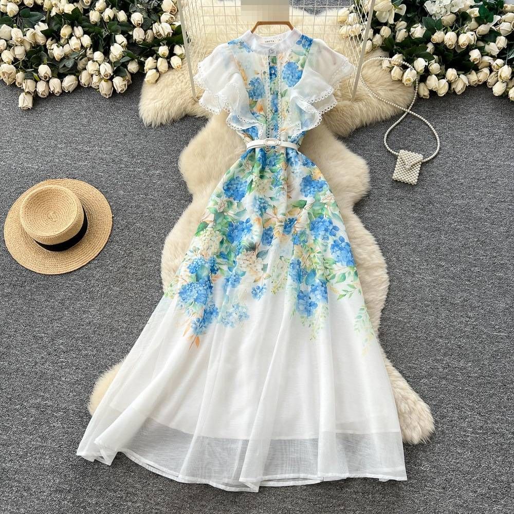 Elegant V Neck Printed Dress For Women Tie Waist Ruffle Sleeve Slimming Long Summer Commuting Resort Style_ecoleips.com