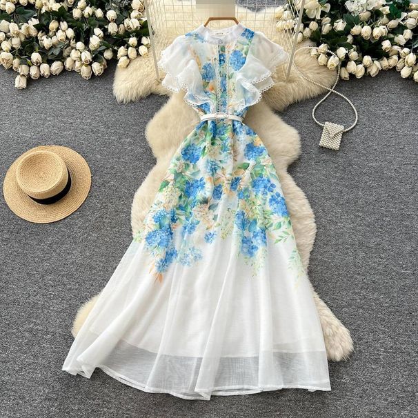 Elegant V Neck Printed Dress For Women Tie Waist Ruffle Sleeve Slimming Long Summer Commuting Resort Style_ecoleips.com