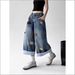 Women's Clothing Women's Distressed Puppy Embroidered Denim Shorts Retro Wide Leg Capri Pants Loose Fit For Spring And Autumn_ecoleips.com