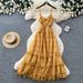 French Style Green Lace Spaghetti Strap Maxi Dress For Women, V-Neck Boho Summer Dress With Ruffles And Waist Tie_ecoleips.com