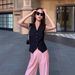 Vintage V-Neck Sleeveless Vest Women's Black Waist-Cinching Layering Top – Streetwear Chic, Summer Staple_ecoleips.com