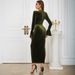 Women’s Velvet Midi Dress – Elegant High-Low Slit, Bell Sleeves, Banquet & Party Wear (Army Green/Dark Green/Black, Sizes S-XL)_ecoleips.com