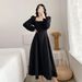 Elegant Women's Long Sleeved Little Black Dress Hepburn Style Square Neckline Knee-Length Fashionable for Chinese New Year_ecoleips.com