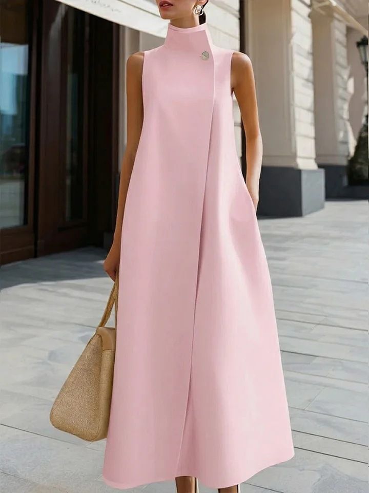 Women's Summer Stand Collar Single Button Sleeveless Vest Dress in Multiple Colors_ecoleips.com