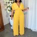 Women's Clothing New Women's Sexy V Neck Solid Color Pleated Jumpsuit_ecoleips.com