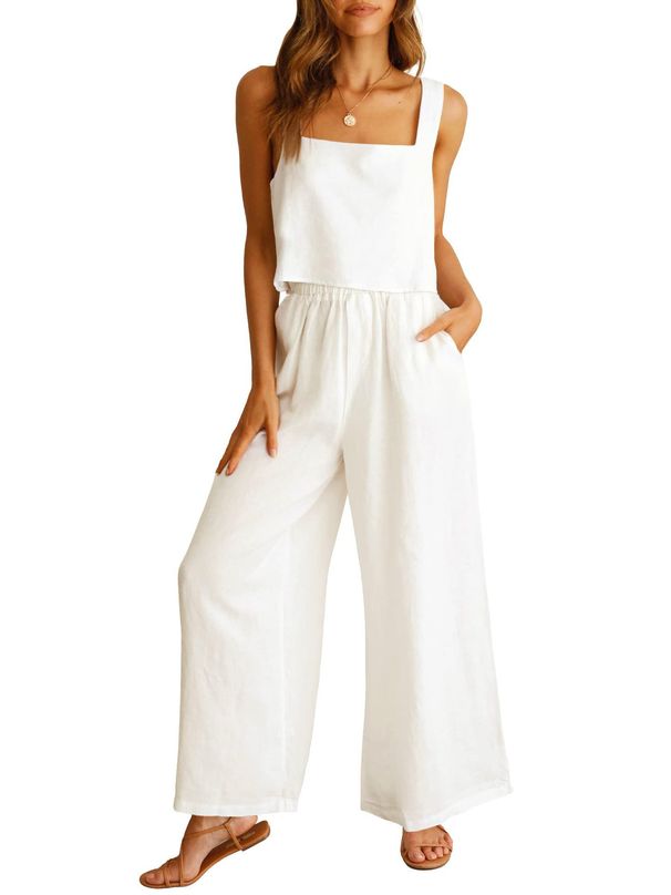 New Cross-border Foreign Trade Women's Clothing . Square-neck Sleeveless Camisole Wide-leg Long Pants Cotton-linen_ecoleips.com