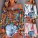 Hot Selling Hot Style Off Shoulder Printed Contrast Color Puff Sleeve Lace Up Loose Women's Top_ecoleips.com