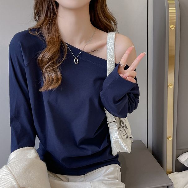 Women's Off-Shoulder Long Sleeve T-Shirt Loose Fit Sophisticated Style Early Spring Autumn Outer Layer Top_ecoleips.com