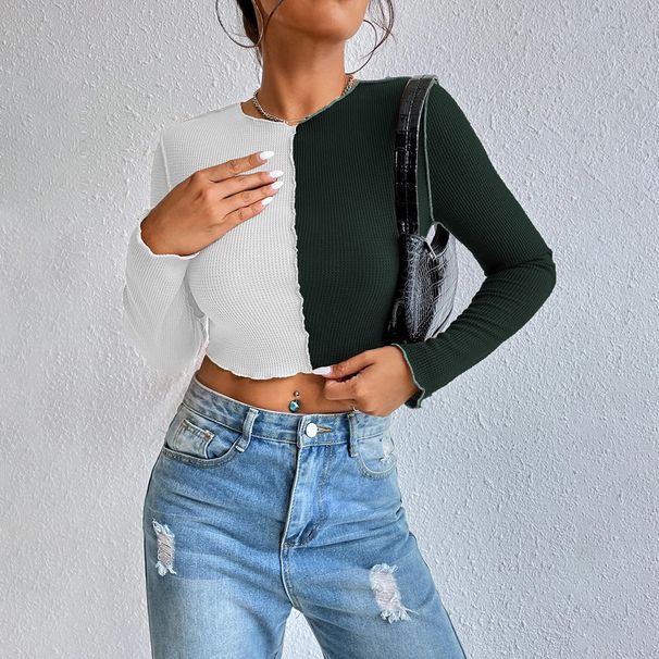 Voya Women's Contrasting Splicing Car Stitching Exposed Short Waffle Long Sleeved T-shirt Autumn/winter Versatile Top_ecoleips.com