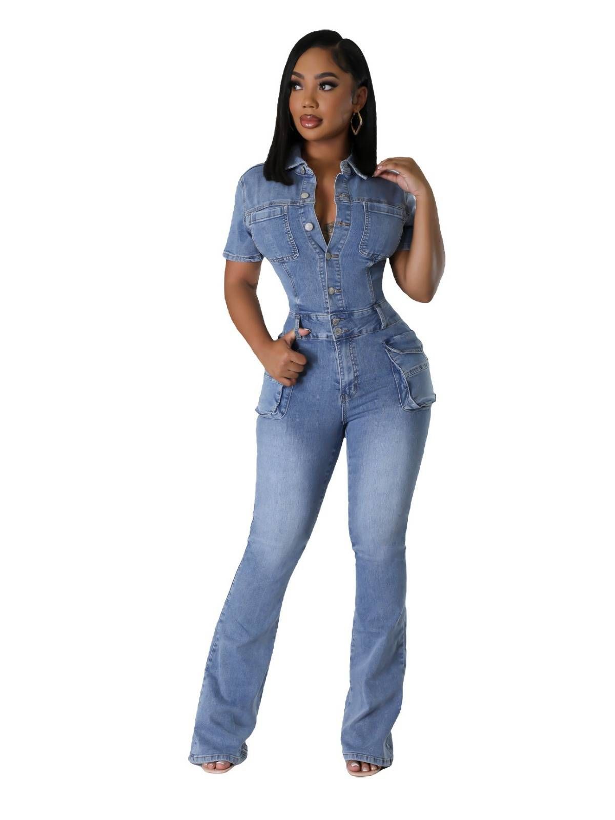 Women's Clothing Tight Waist Slim Elastic Fried Flower Washed Denim Jumpsuit_ecoleips.com