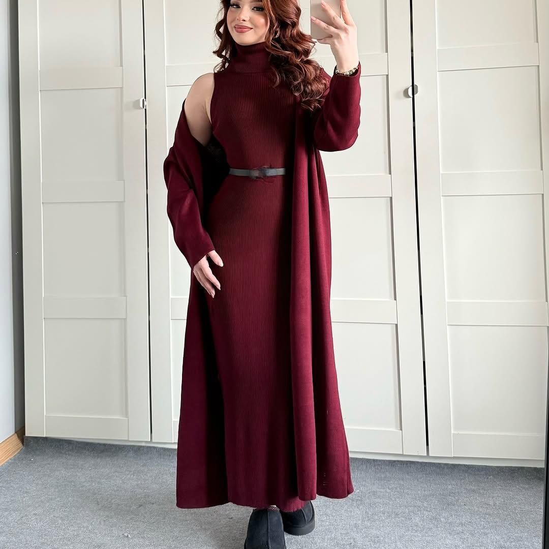 Women's Clothing Elegant High Neck Slim Fit Knit Dress & Cardigan Set For Women - Autumn Winter Long Sleeve Turtleneck Outfit In Maroon & Beige_ecoleips.com