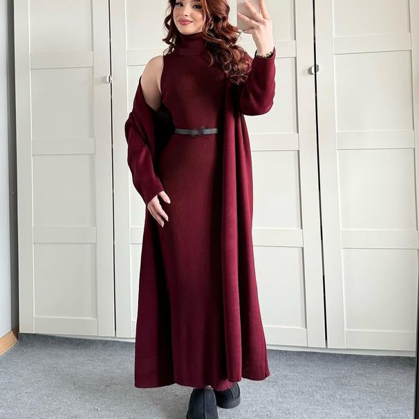 Women's Clothing Elegant High Neck Slim Fit Knit Dress & Cardigan Set For Women - Autumn Winter Long Sleeve Turtleneck Outfit In Maroon & Beige_ecoleips.com