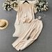 Women's Clothing Elegant Cable Knit Sweater & Pants Set Loose Fit Crewneck Pullover With Slimming Trousers - Soft Viscose Blend - Beige (S/M/L)_ecoleips.com